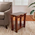 Table d'appoint fine en bois d'acacia massif naturel/acajou avec étagère inférieure