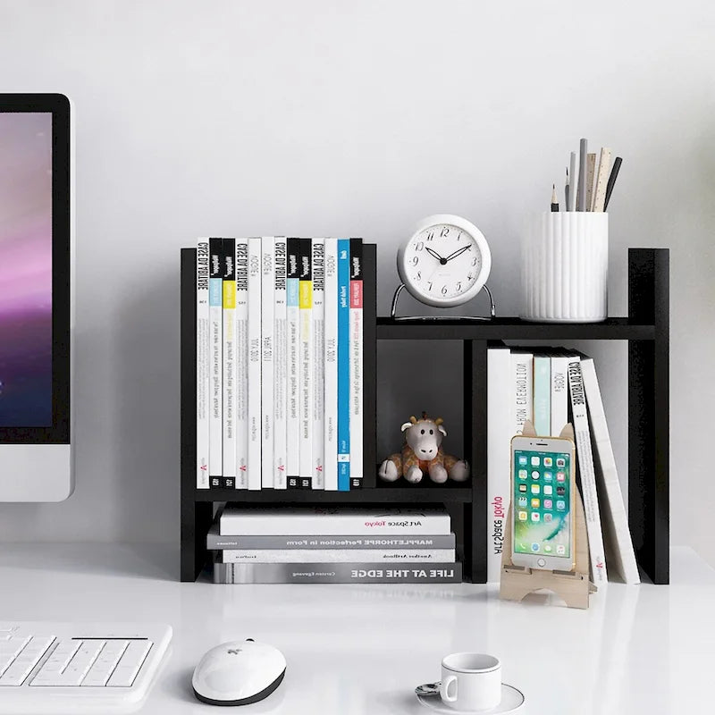 Organisateur de bureau en bois réglable à 2 compartiments, noir/beige/blanc/marron, pour 1 personne