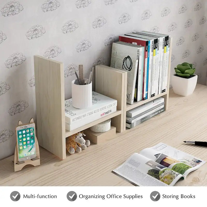 Organisateur de bureau en bois réglable à 2 compartiments, noir/beige/blanc/marron, pour 1 personne