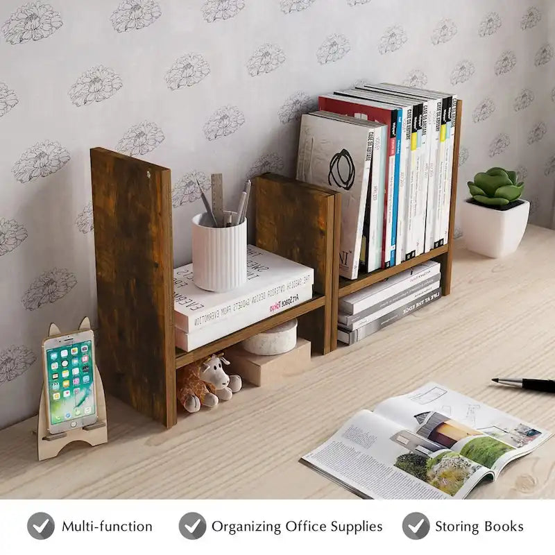 Organisateur de bureau en bois réglable à 2 compartiments, noir/beige/blanc/marron, pour 1 personne