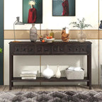 Espresso / Blanc / Bleu Marine / Gris | Console Rustique, 60"L × 11"l, 2+2 Tiroirs & Étagère, Assemblage par 1 Personne
