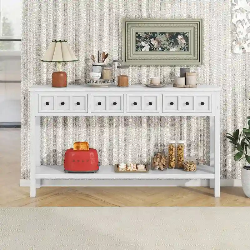 Espresso / Blanc / Bleu Marine / Gris | Console Rustique, 60"L × 11"l, 2+2 Tiroirs & Étagère, Assemblage par 1 Personne