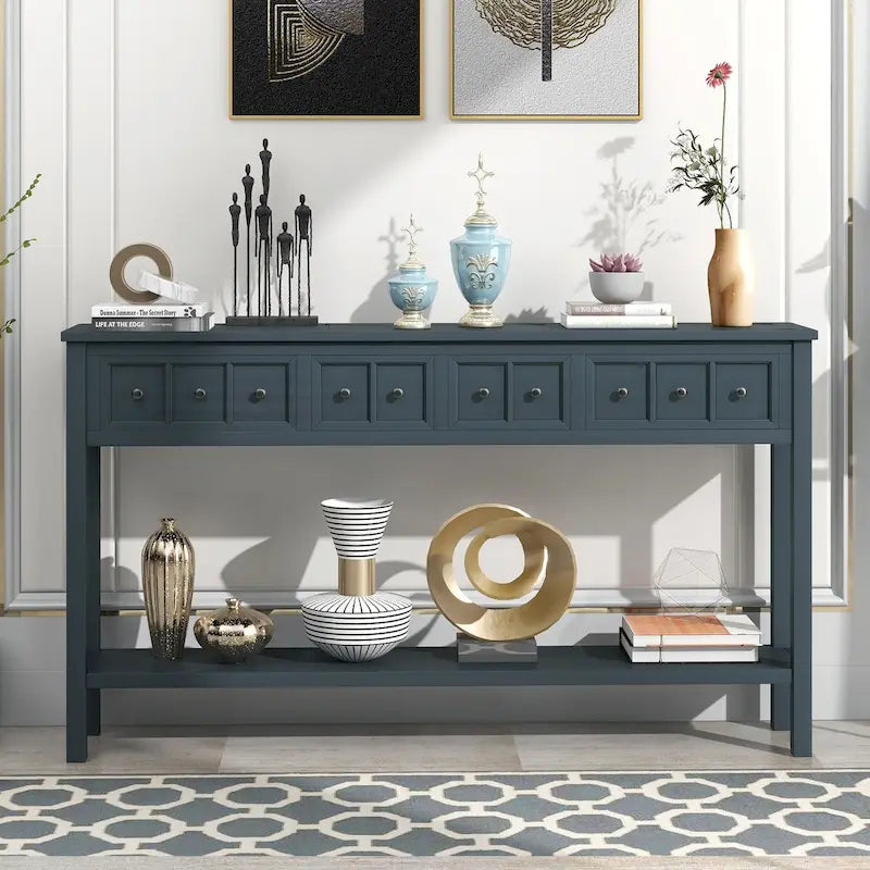 Espresso / Blanc / Bleu Marine / Gris | Console Rustique, 60"L × 11"l, 2+2 Tiroirs & Étagère, Assemblage par 1 Personne