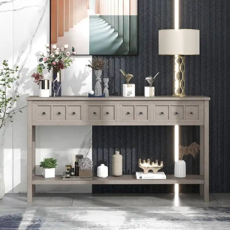 Espresso / Blanc / Bleu Marine / Gris | Console Rustique, 60"L × 11"l, 2+2 Tiroirs & Étagère, Assemblage par 1 Personne