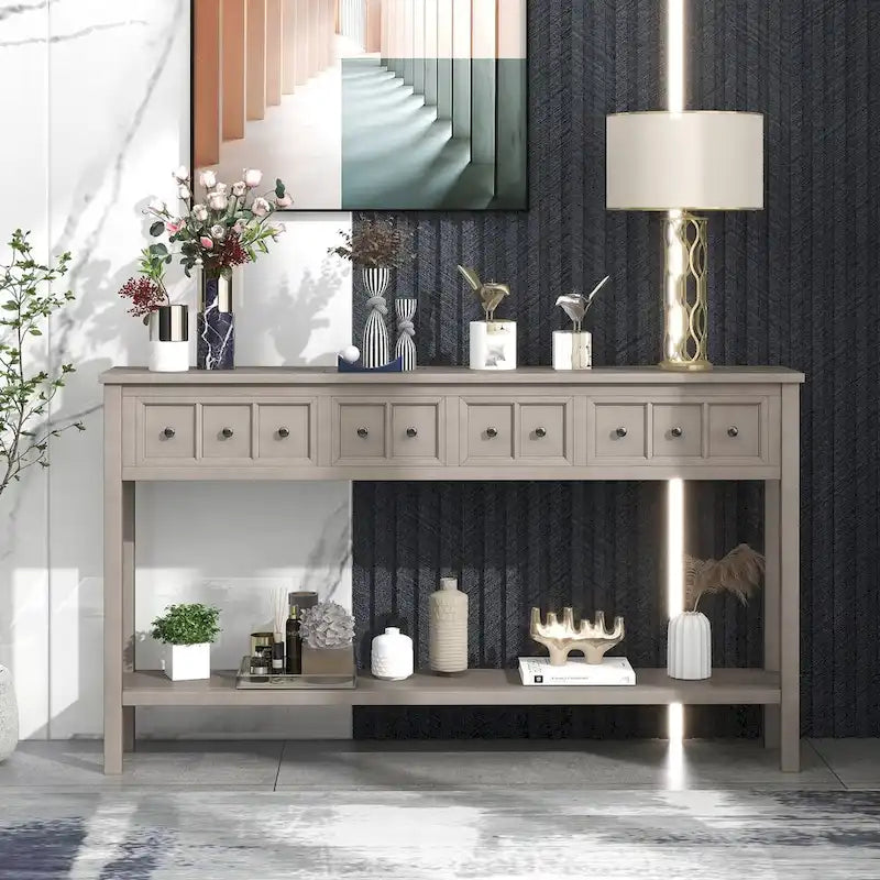 Espresso / Blanc / Bleu Marine / Gris | Console Rustique, 60"L × 11"l, 2+2 Tiroirs & Étagère, Assemblage par 1 Personne