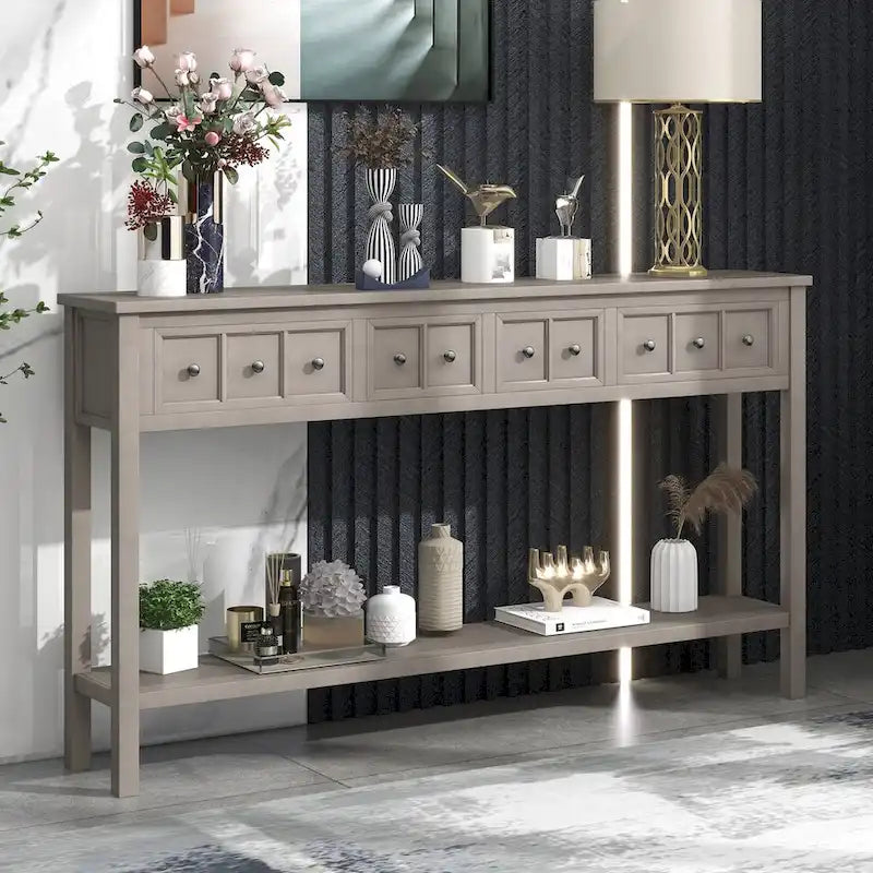 Espresso / Blanc / Bleu Marine / Gris | Console Rustique, 60"L × 11"l, 2+2 Tiroirs & Étagère, Assemblage par 1 Personne