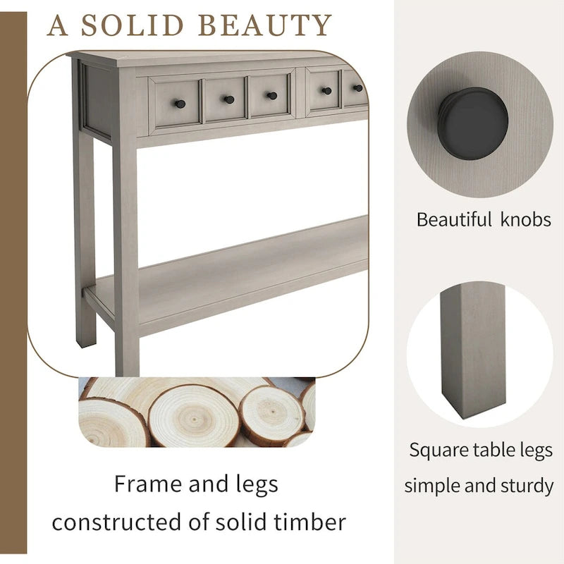 Espresso / Blanc / Bleu Marine / Gris | Console Rustique, 60"L × 11"l, 2+2 Tiroirs & Étagère, Assemblage par 1 Personne