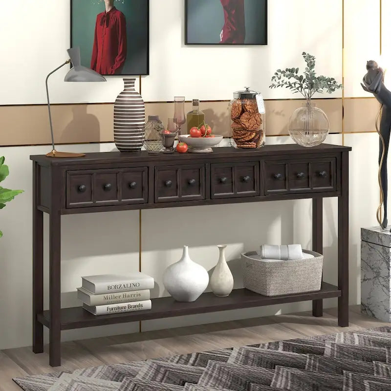 Espresso / Blanc / Bleu Marine / Gris | Console Rustique, 60"L × 11"l, 2+2 Tiroirs & Étagère, Assemblage par 1 Personne