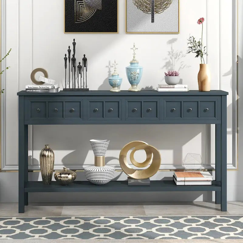 Espresso / Blanc / Bleu Marine / Gris | Console Rustique, 60"L × 11"l, 2+2 Tiroirs & Étagère, Assemblage par 1 Personne