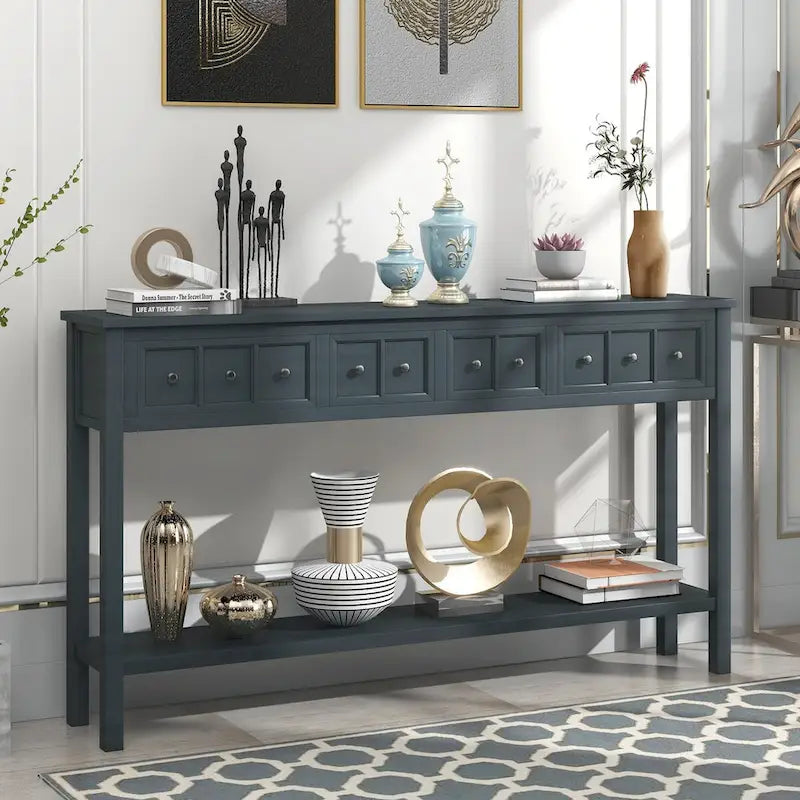 Espresso / Blanc / Bleu Marine / Gris | Console Rustique, 60"L × 11"l, 2+2 Tiroirs & Étagère, Assemblage par 1 Personne