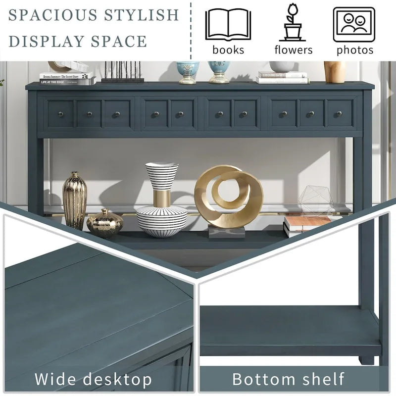 Espresso / Blanc / Bleu Marine / Gris | Console Rustique, 60"L × 11"l, 2+2 Tiroirs & Étagère, Assemblage par 1 Personne
