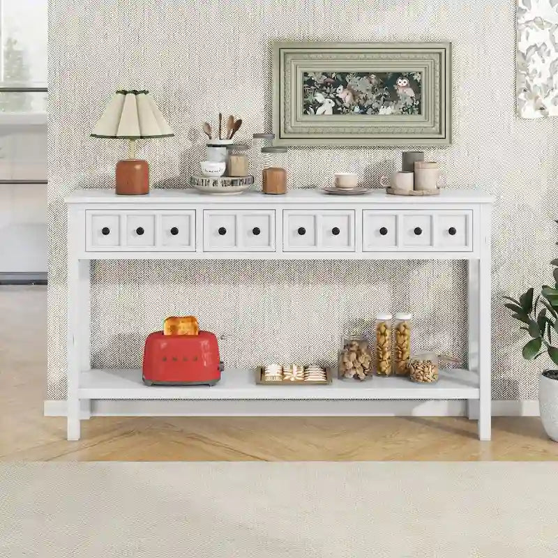 Espresso / Blanc / Bleu Marine / Gris | Console Rustique, 60"L × 11"l, 2+2 Tiroirs & Étagère, Assemblage par 1 Personne