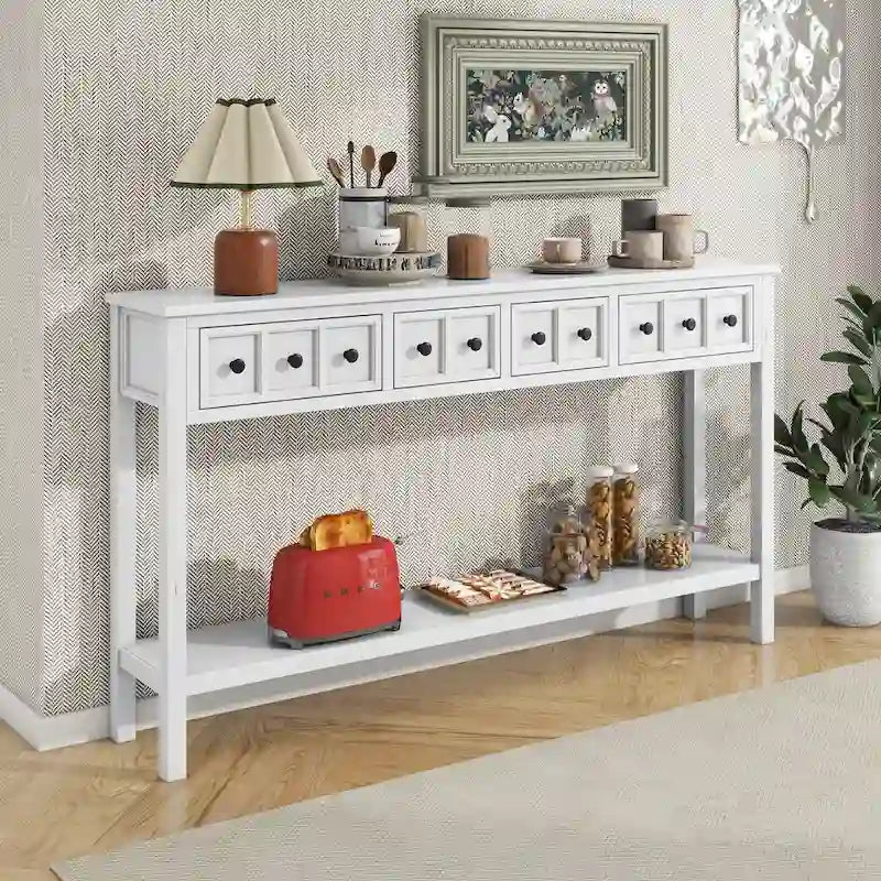 Espresso / Blanc / Bleu Marine / Gris | Console Rustique, 60"L × 11"l, 2+2 Tiroirs & Étagère, Assemblage par 1 Personne
