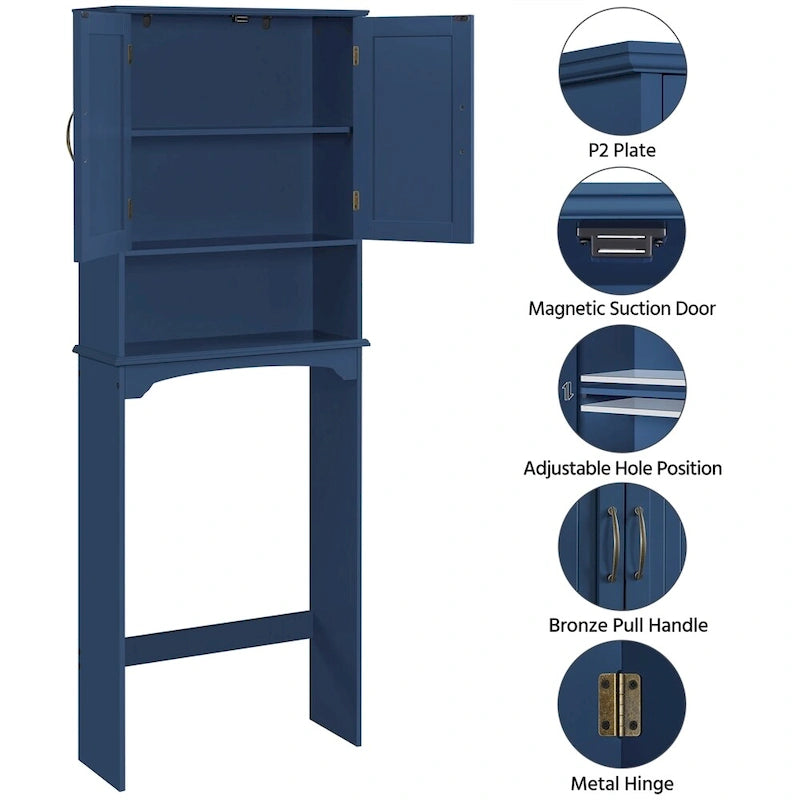 Étagère de rangement WC 3 niveaux, Gris/Espresso/Bleu marine/Blanc, Ouverte et armoire