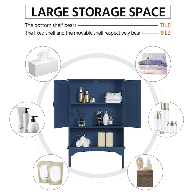 Étagère de rangement WC 3 niveaux, Gris/Espresso/Bleu marine/Blanc, Ouverte et armoire