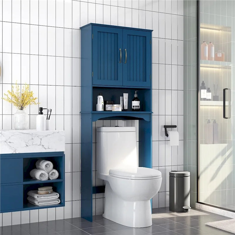 Étagère de rangement WC 3 niveaux, Gris/Espresso/Bleu marine/Blanc, Ouverte et armoire