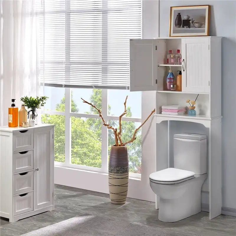 Étagère de rangement WC 3 niveaux, Gris/Espresso/Bleu marine/Blanc, Ouverte et armoire