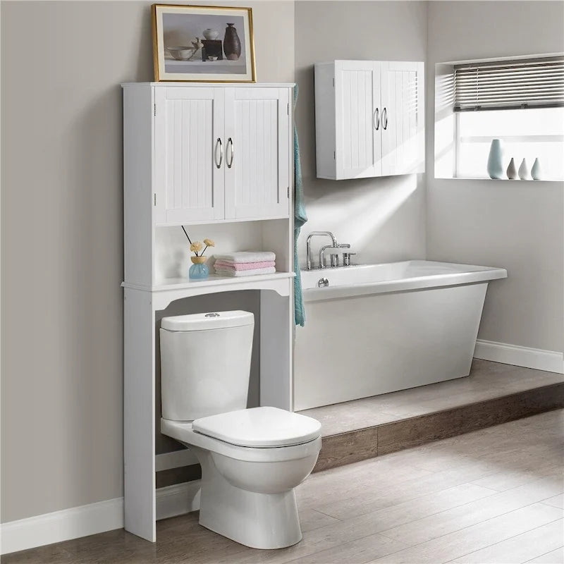 Étagère de rangement WC 3 niveaux, Gris/Espresso/Bleu marine/Blanc, Ouverte et armoire