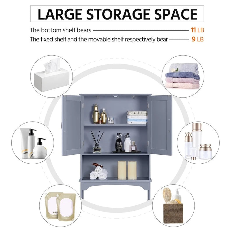 Étagère de rangement WC 3 niveaux, Gris/Espresso/Bleu marine/Blanc, Ouverte et armoire