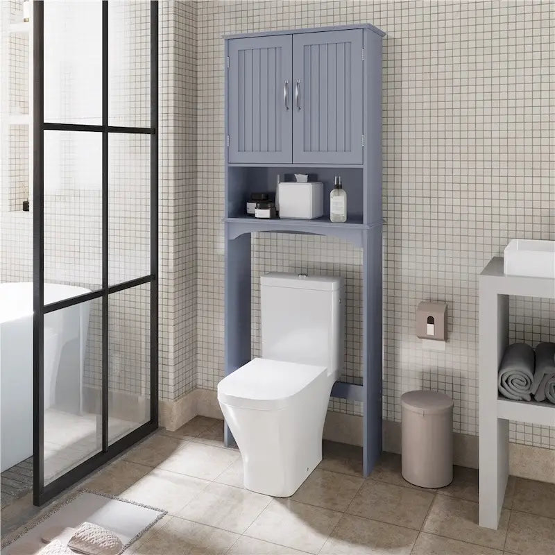 Étagère de rangement WC 3 niveaux, Gris/Espresso/Bleu marine/Blanc, Ouverte et armoire