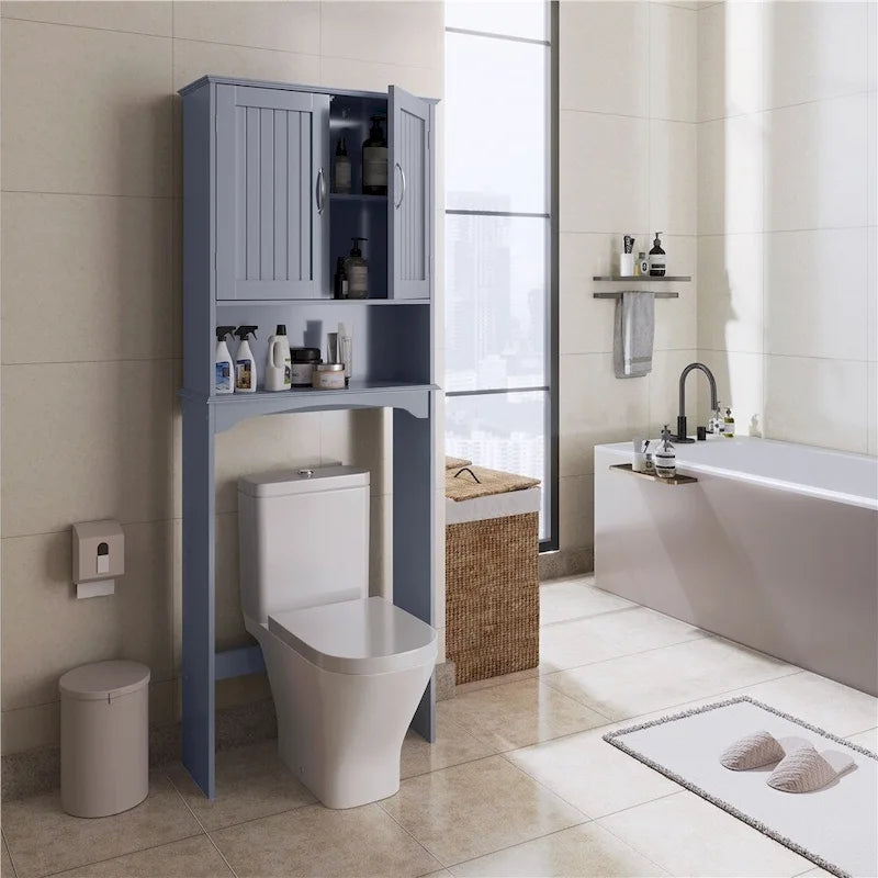 Étagère de rangement WC 3 niveaux, Gris/Espresso/Bleu marine/Blanc, Ouverte et armoire