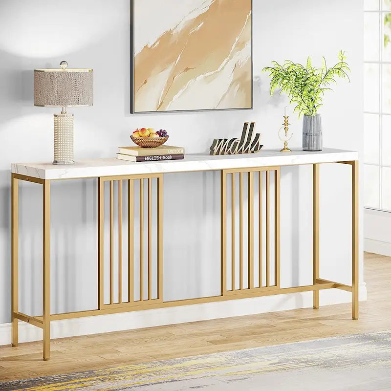 Table console de canapé, blanc / noir / gris, industrielle, 180 cm, étagère ouverte