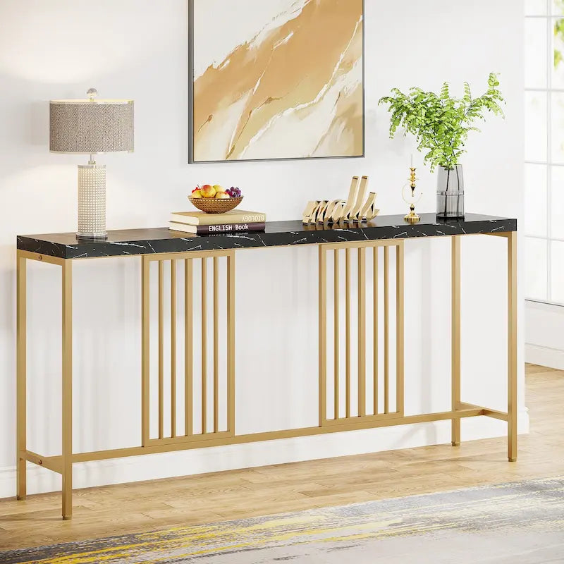Table console de canapé, blanc / noir / gris, industrielle, 180 cm, étagère ouverte