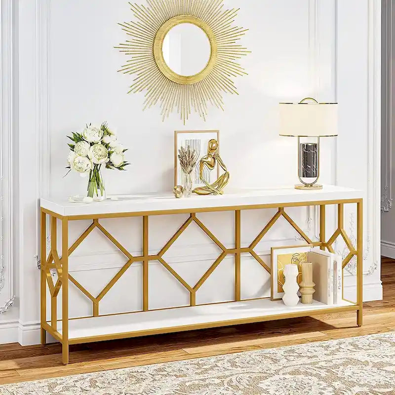 Table console de canapé, blanc / noir / gris, industrielle, 180 cm, étagère ouverte