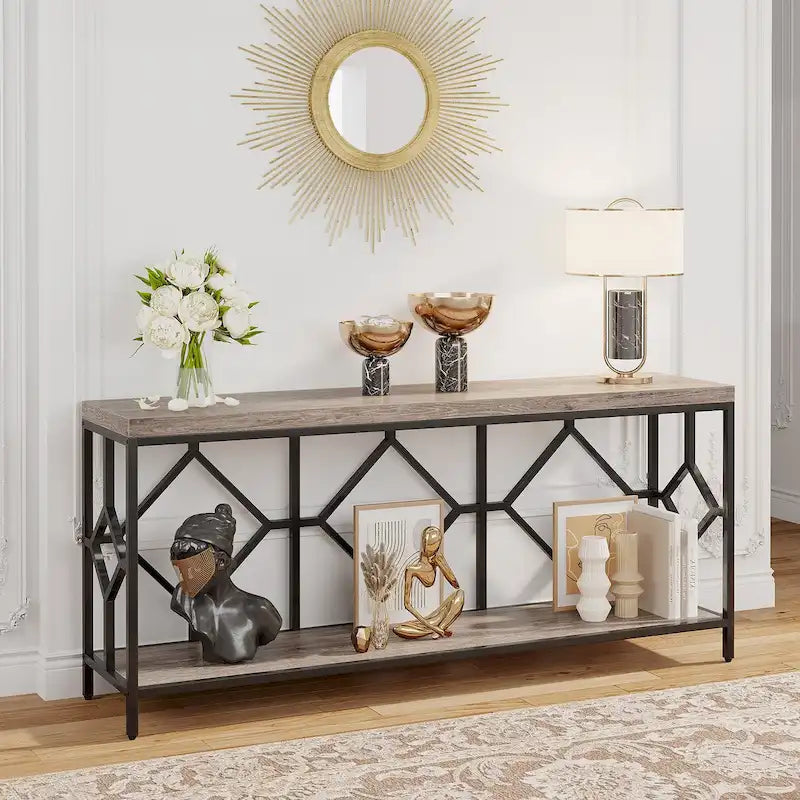 Table console de canapé, blanc / noir / gris, industrielle, 180 cm, étagère ouverte
