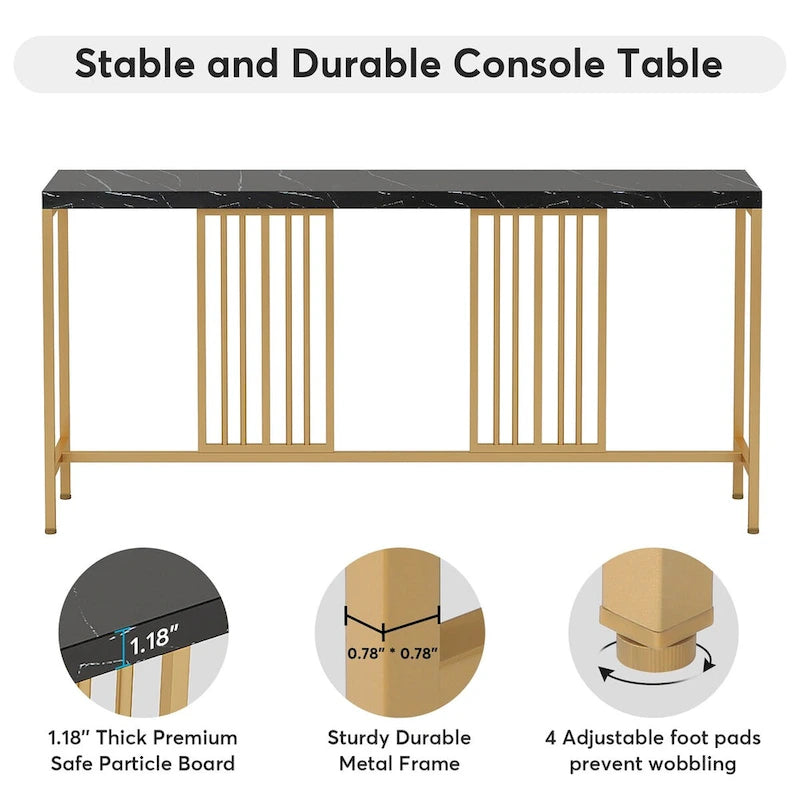 Table console de canapé, blanc / noir / gris, industrielle, 180 cm, étagère ouverte