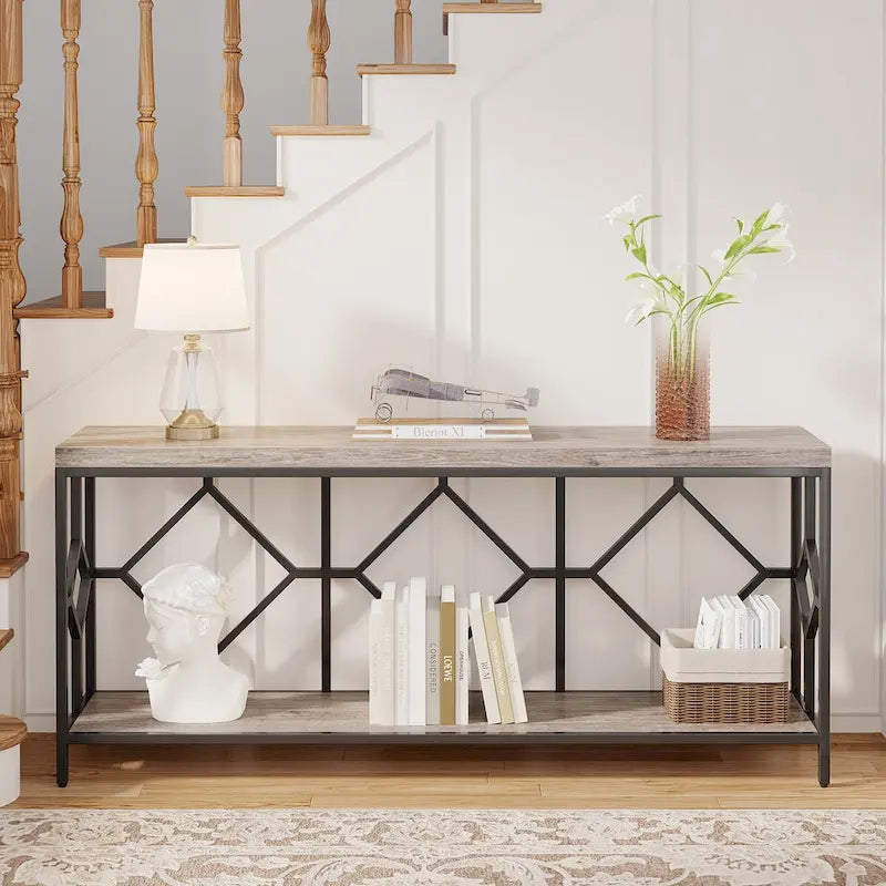 Table console de canapé, blanc / noir / gris, industrielle, 180 cm, étagère ouverte