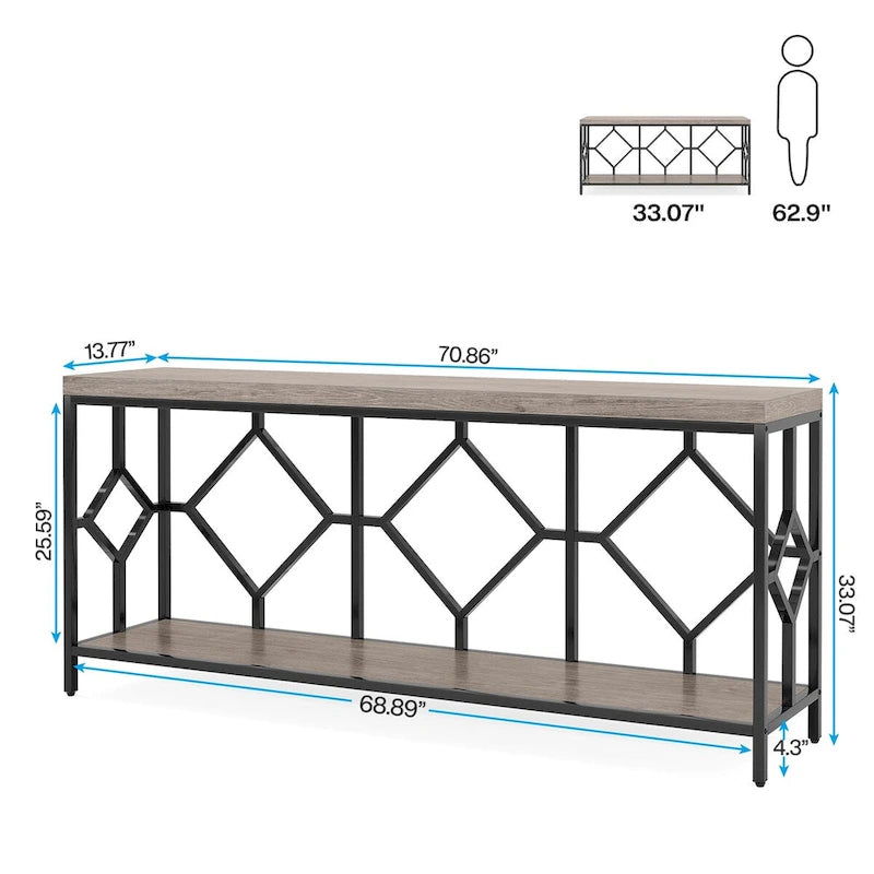 Table console de canapé, blanc / noir / gris, industrielle, 180 cm, étagère ouverte