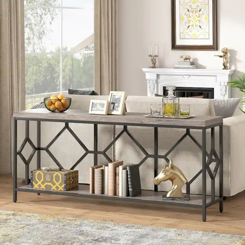 Table console de canapé, blanc / noir / gris, industrielle, 180 cm, étagère ouverte