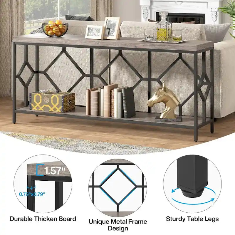 Table console de canapé, blanc / noir / gris, industrielle, 180 cm, étagère ouverte