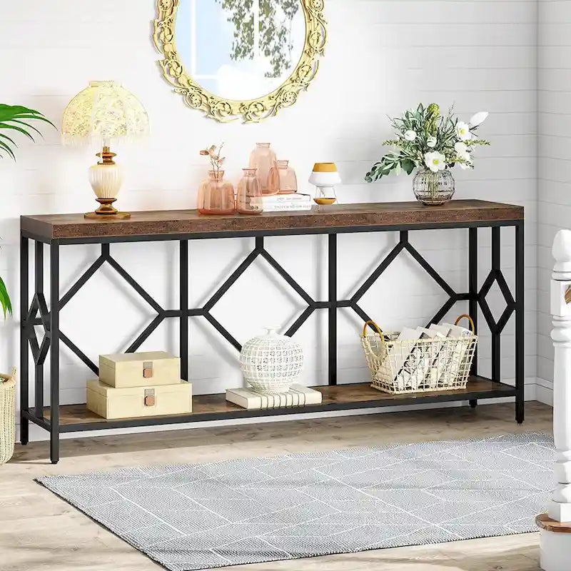 Table console de canapé, blanc / noir / gris, industrielle, 180 cm, étagère ouverte