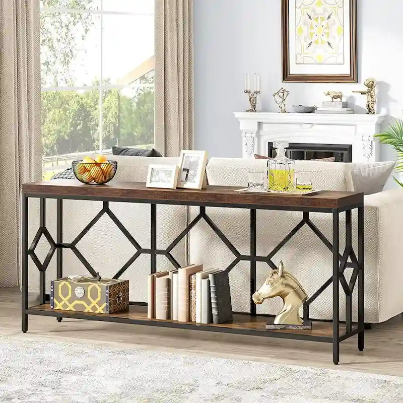 Table console de canapé, blanc / noir / gris, industrielle, 180 cm, étagère ouverte