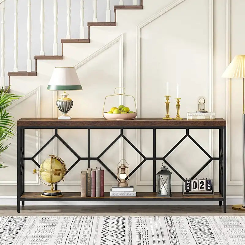 Table console de canapé, blanc / noir / gris, industrielle, 180 cm, étagère ouverte
