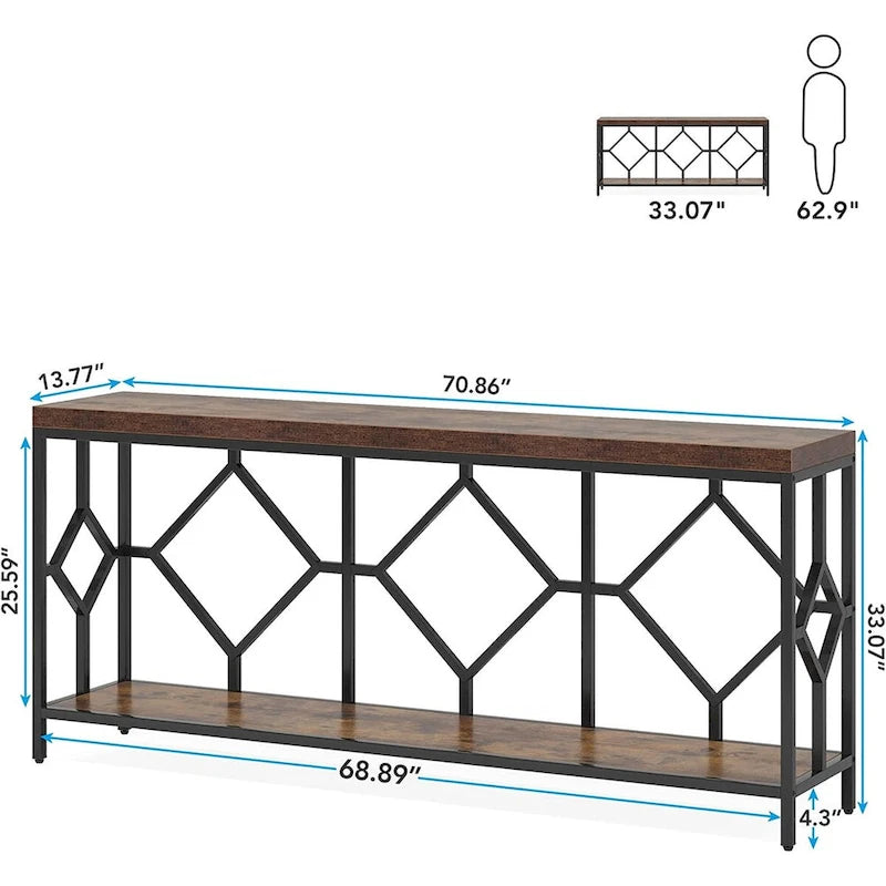 Table console de canapé, blanc / noir / gris, industrielle, 180 cm, étagère ouverte