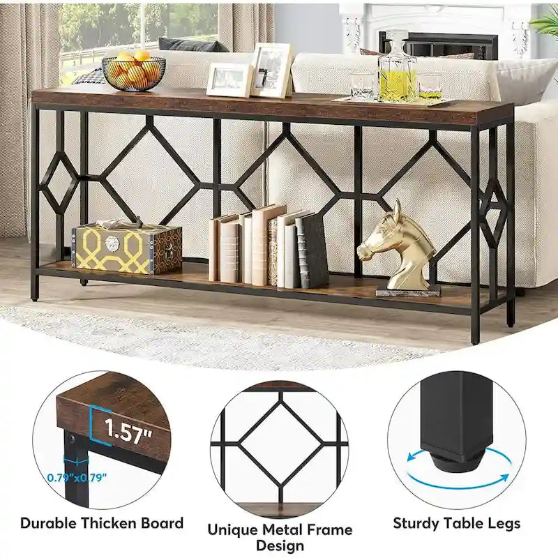 Table console de canapé, blanc / noir / gris, industrielle, 180 cm, étagère ouverte