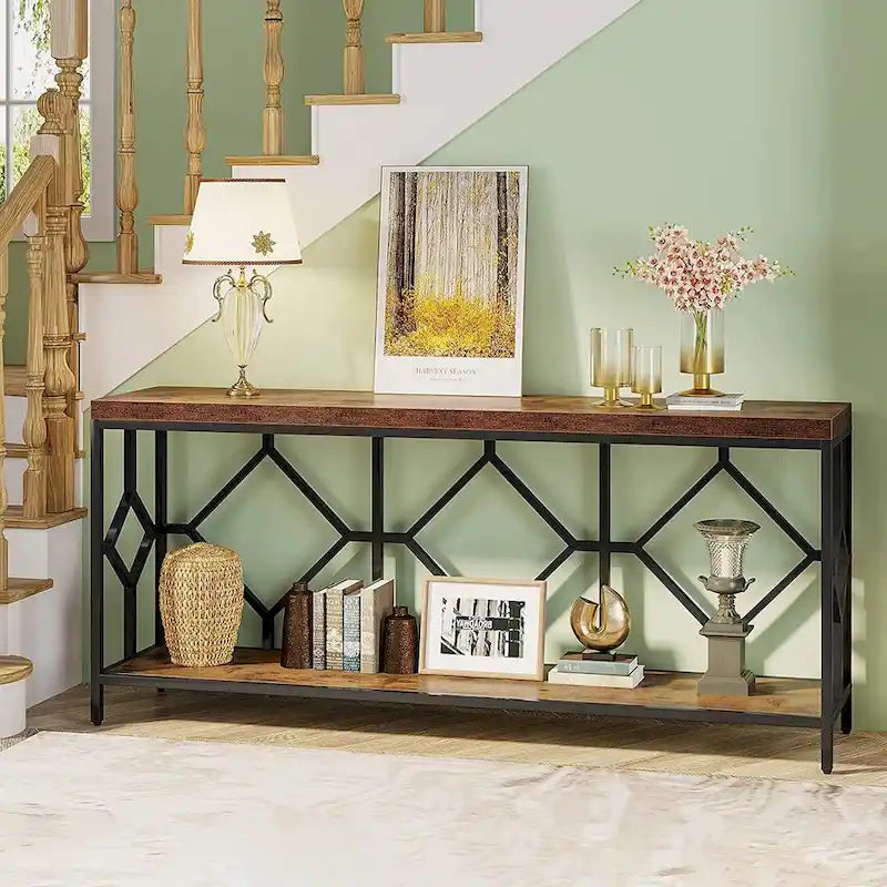 Table console de canapé, blanc / noir / gris, industrielle, 180 cm, étagère ouverte