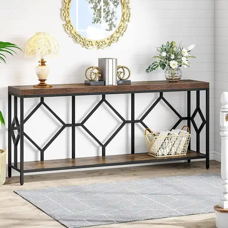 Table console de canapé, blanc / noir / gris, industrielle, 180 cm, étagère ouverte