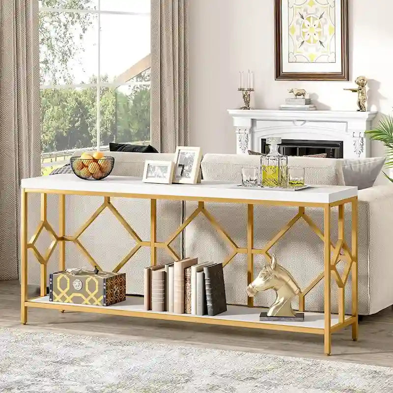 Table console de canapé, blanc / noir / gris, industrielle, 180 cm, étagère ouverte
