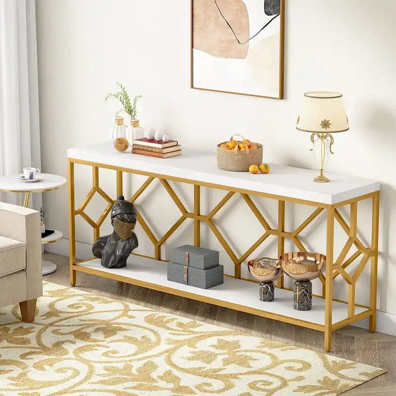 Table console de canapé, blanc / noir / gris, industrielle, 180 cm, étagère ouverte