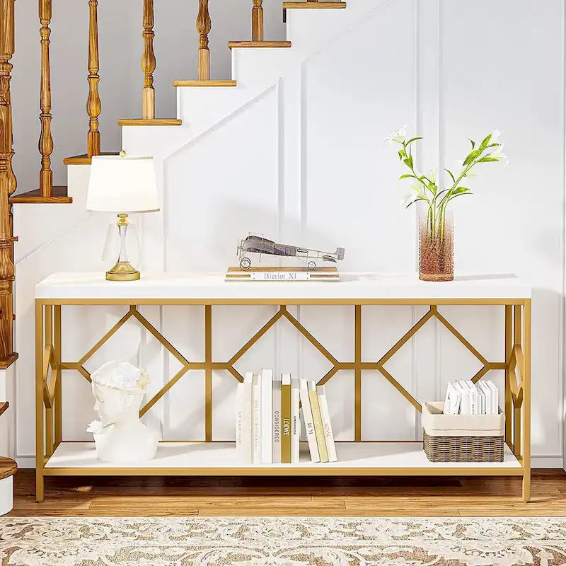 Table console de canapé, blanc / noir / gris, industrielle, 180 cm, étagère ouverte
