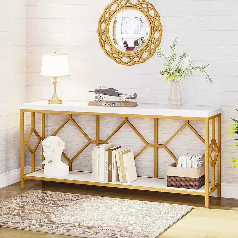 Table console de canapé, blanc / noir / gris, industrielle, 180 cm, étagère ouverte