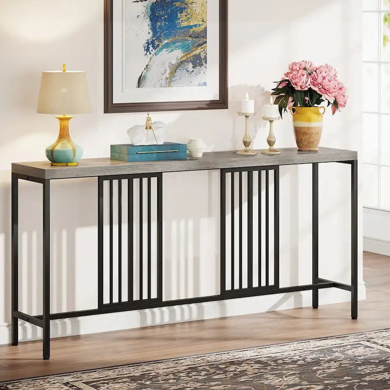 Table console de canapé, blanc / noir / gris, industrielle, 180 cm, étagère ouverte