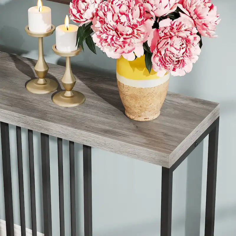 Table console de canapé, blanc / noir / gris, industrielle, 180 cm, étagère ouverte