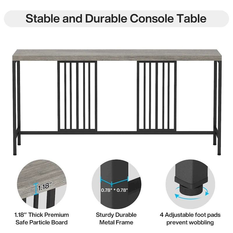 Table console de canapé, blanc / noir / gris, industrielle, 180 cm, étagère ouverte