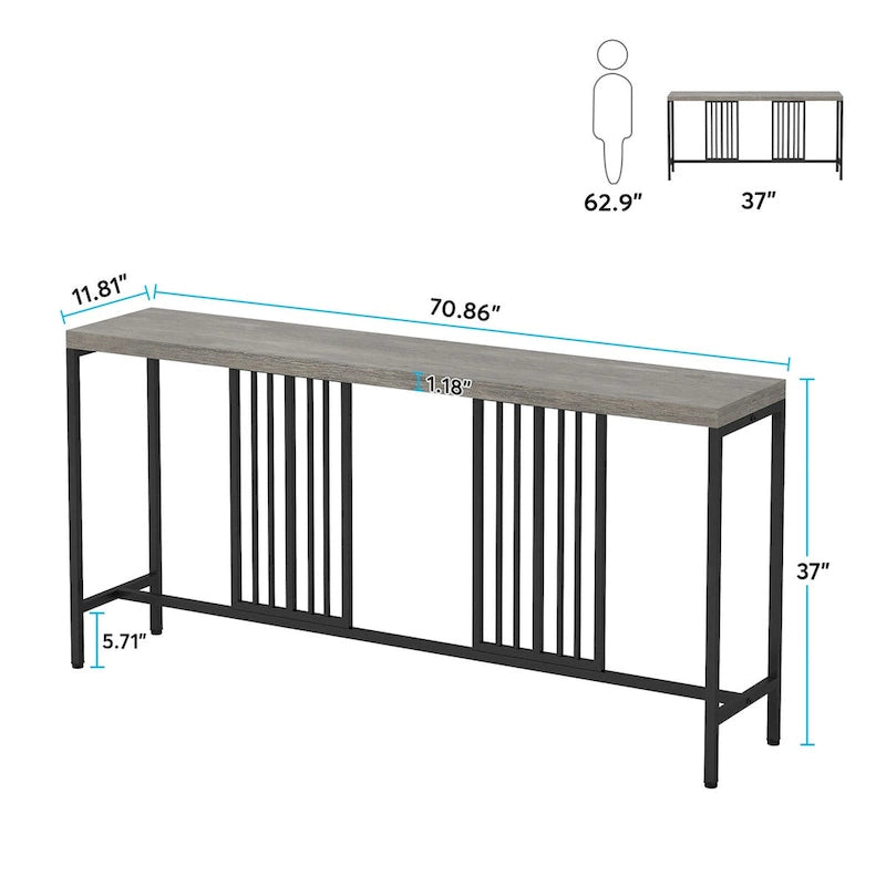 Table console de canapé, blanc / noir / gris, industrielle, 180 cm, étagère ouverte