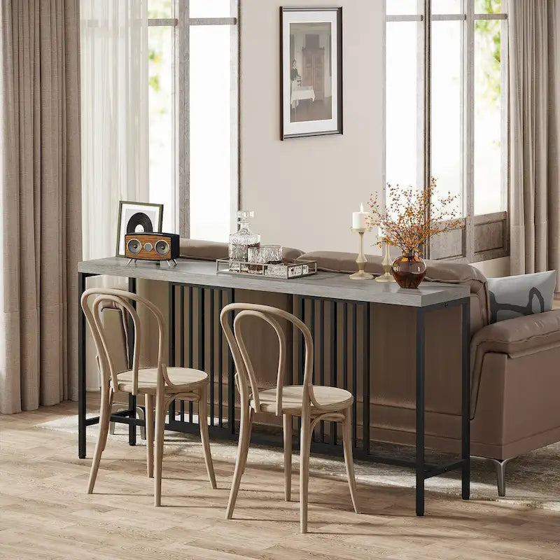 Table console de canapé, blanc / noir / gris, industrielle, 180 cm, étagère ouverte
